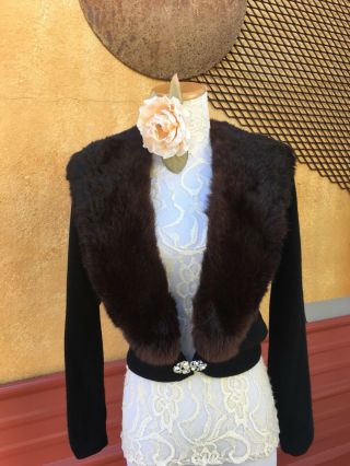 Vintage Black Cardigan Sweater With Mink Fur Collar With Pretty Rhinestone Clasp