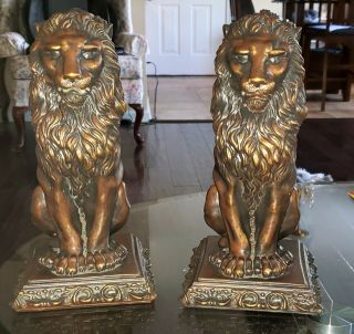 Vintage Pair Gold Gilded Bronzed Regal Sitting Lion Mantle Statues Or Bookends