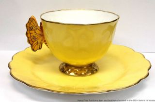 Vintage Aynsley Fine China B1209 Butterfly Yellow Gilt Porcelain Teacup Saucer