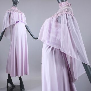 M Vintage 1970s Long Evening Dress Lilac Purple Prom Sheer Cape Maxi Silky 70s