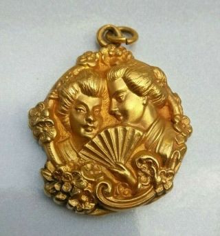 Exceptional Antique Art Nouveau Geisha Girl Gold Filled Locket Pendant