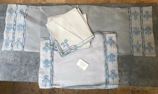 Vintage Madeira 8 Placemats Napkins Runner Hand Embroidered Linen Blue & Beige