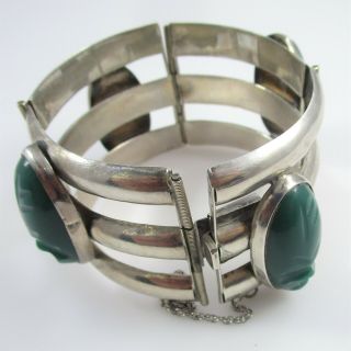 Del Rio Carved Mexican Jade Bracelet Vintage Sterling Silver 60.  9g | 6.  5 "