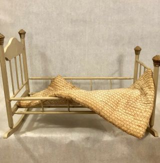 Vintage Rocking Doll Bed White Solid Wooden Spindle Toy Cradle Crib W Mattress