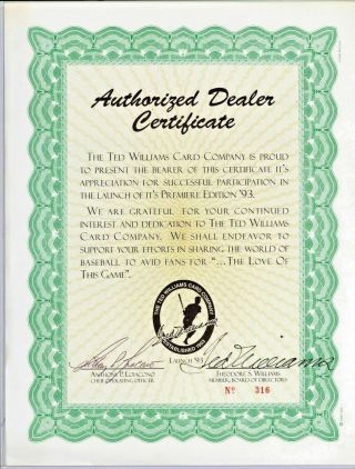 Rare Vintage Ted Williams Signed Autographed Authorized Dealer Cert