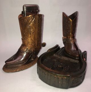 Vintage Cowboy Boot Match Holder Horse And Horseshoe Ashtray & Lighter