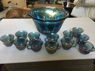 Vintage Carnaval Grape Punch Bowl Set With 12 Cups