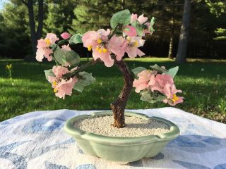 Chinese Antique Jade Bonsai Tree Pink Flower And Green Leaves Green Pot Vintage