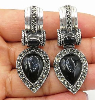 925 Silver - Vintage Black Onyx & Marcasite Tear Drop Dangle Earrings - E4645