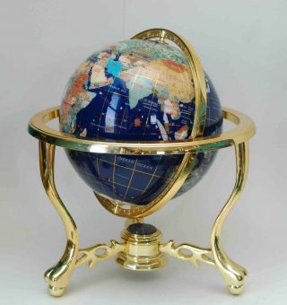 Vintage Lapis Precious Mineral Gemstones Brass Compass Globe 14 " Tall