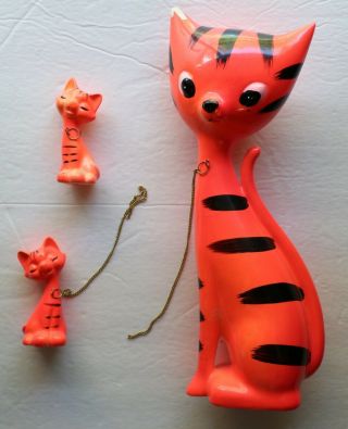 Vintage Neon Orange Cat W/ 2 Chained Kittens Figurine Japan Woolworth 