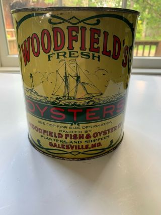 Vintage 1 Gallon Woodfield’s Oyster Tin/Can 1950’s 3