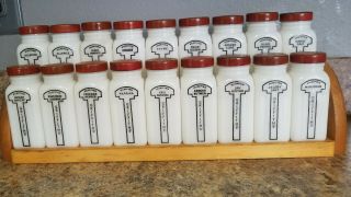 Vintage Griffiths Complete Set 18 Spice Jars With Wood Holder Art Deco Red Caps