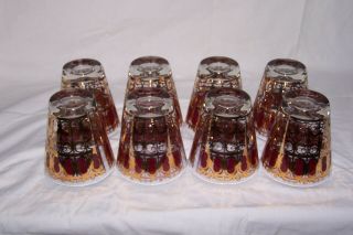 8 Vintage Culver Cranberry Scroll Double Old Fashioned Whiskey Glass Tumbler
