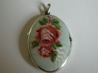 Antique Silver Guilloche Rose Locket Flower Large Photo Enamel Sterling Pendant