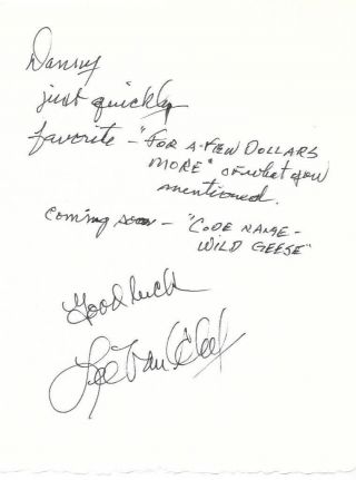 Lee Van Cleef Rare Hand Written And Signed Note Western Legend Autograph