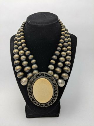 Jay Feinberg Strongwater Necklace Beaded Three Strand Big Pottery Cabochon