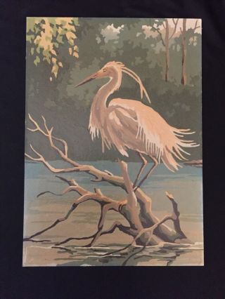 Vintage 1950s Paint By Numbers Egret Crane Heron Bird Finished Painting Art