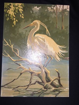 Vintage 1950s Paint by Numbers Egret Crane Heron Bird Finished Painting Art 4