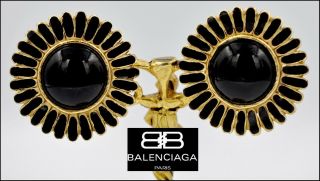 Vintage 80s Signed Balenciaga Paris Black Resin Gold Enamel Clip On Earrings