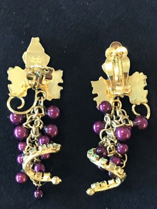 Vintage Signed Lunch at the Ritz LATR Rhinestone Dangle Grape Clip On Earrings 4