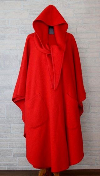 Vtg Jimmy Hourihan Ireland Red Wool Tweed Cape Poncho Coat With Hood & Pockets 2