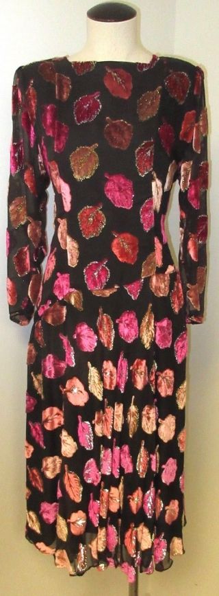 The Silk Farm Vintage Pink On Black Velvet Feel Leaf Pattern Metallic M