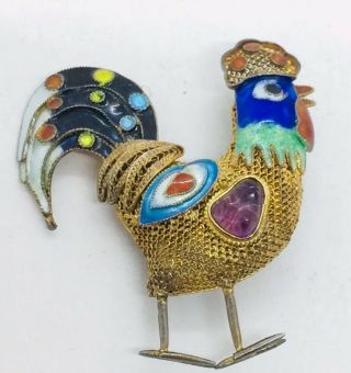 Chinese Vintage Sterling Silver Filigree Enamel Amethyst Rooster Chicken Pin