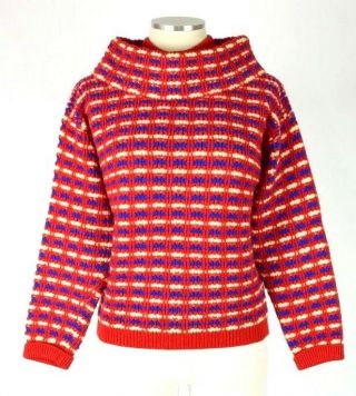 Vtg 70s Sweater Chunky Wool Knit Red Blue Ivory Oversize Collar Womens Jumper S
