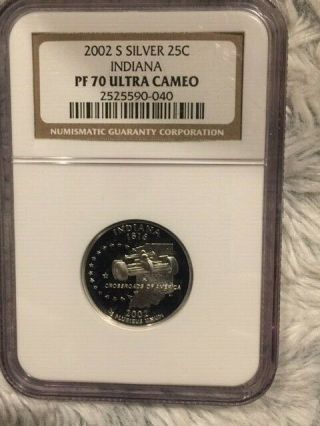 2002 - S Indiana Silver Quarter Proof Ngc Pf - 70 Ultra Cameo Rare