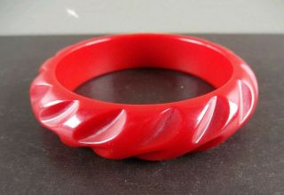 Cherry Red Bakelite Bangle Bracelet Deeply Carved