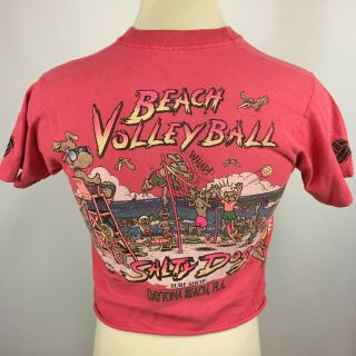 Vintage 80s 90s Crop Top Cut T Shirt Hot Pink Salty Dog Surf Shop Beach Volley
