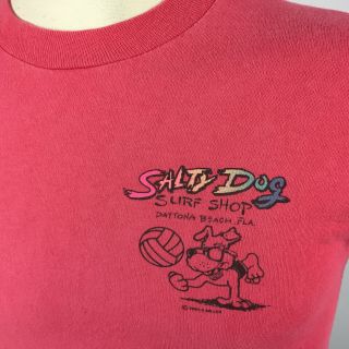 Vintage 80s 90s Crop Top Cut T Shirt Hot Pink Salty Dog Surf Shop Beach Volley 4