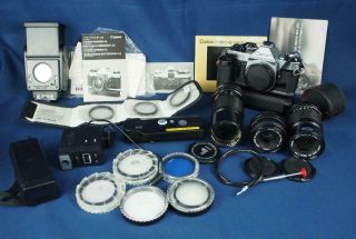 Vintage Canon Ae - 1 Program 35mm Film Camera W 3 Lenses Filters Flash Etc