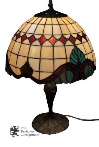 Vintage Tiffany Style Stained Glass Boudoir Table Lamp Bronze Base Dome Shade