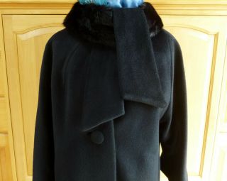 Vintage 1950s/60s Lilli Ann Fully Lined Black Coat,  Fur Trim,  Ascot Collar Sz 8