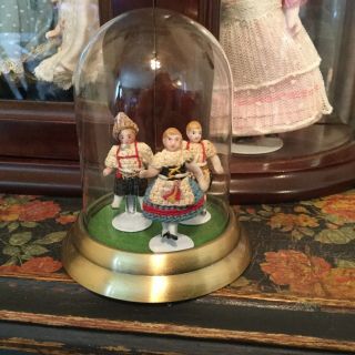 3 Antique All Bisque Carl Horn Dolls In Dome