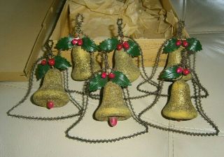 Vtg Antique Wire Tinsel Spun Cotton Pink Bead Xmas Ornaments Mica Glitter 6 Iob