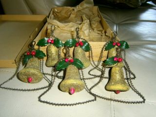 Vtg antique wire tinsel spun cotton pink bead Xmas ornaments mica glitter 6 IOB 8