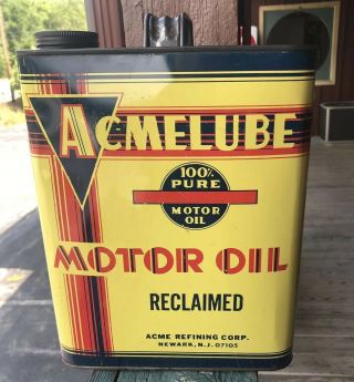 Vintage Acmelube Motor Oil Can Two Gallon Rare Newark Nj Ships In Us