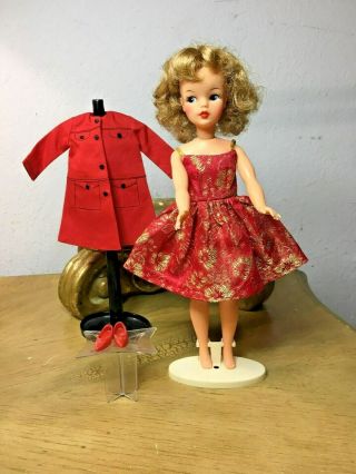 Bs - 12 Vintage Ideal Tammy Doll 12” Tall & Formal Dress,  Shoes And Coat & Stand