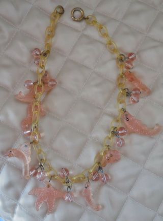 Vintage Rare Art Deco Celluloid Glass Pink Sea Horse Star Fish Charm Necklace