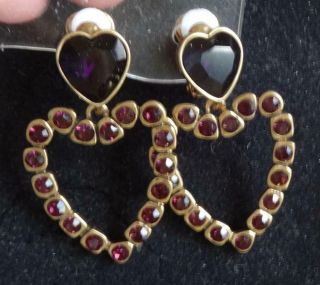 Oscar De La Renta Vintage Earrings Haute Couture Purple Heart Rhinestone Chandel