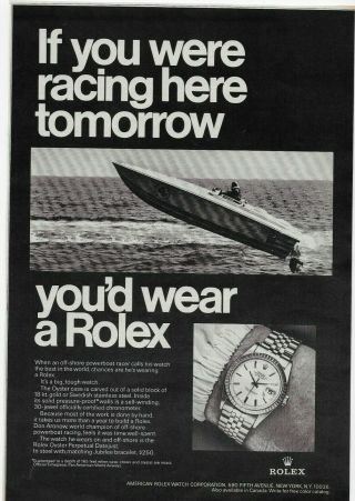 1968 Rolex Oyster Perpetual Datejust Powerboat Racing Watch Vintage Print Ad