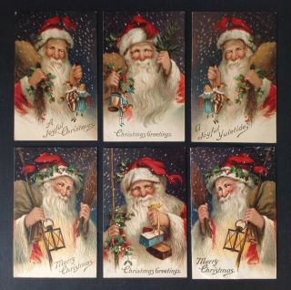 Set Of (6) Vintage Santa Postcards - Max Feinberg Series 15855 - Snowy Portraits
