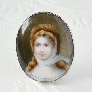 Antique Victorian Sterling Silver Hand Painted Porcelain Lady Portrait Brooch
