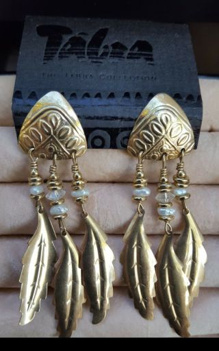 Vintage Tabra 14kt - Gold Fill - Dangle Pearls Bead Feather Pierced Earrings Signed