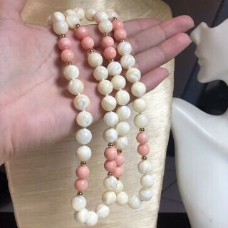 Art Deco Mother Of Pearl Mop Necklace Beaded Vtg Old Coral