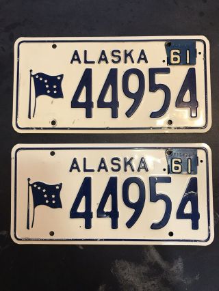 Vintage 1960 Alaska License Plates Pair " 44954 " With 1961 Tags