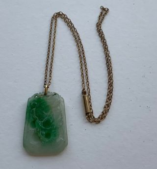9ct Gold Carved Jade Pendant On Chain,  Antique Chinese Oriental